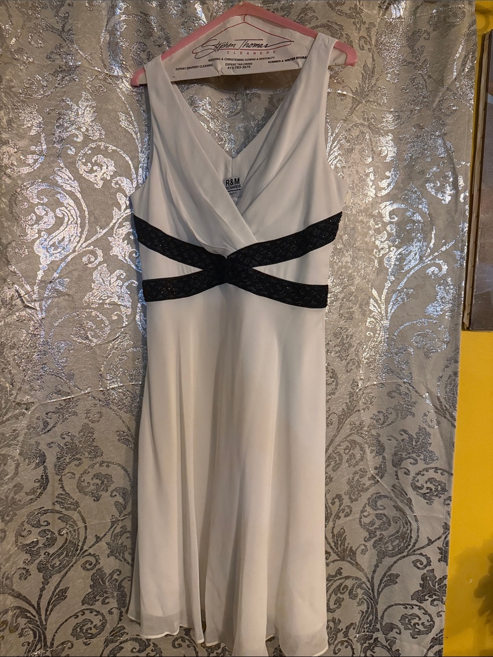 White V-Neck Dress with Black Waist Accent